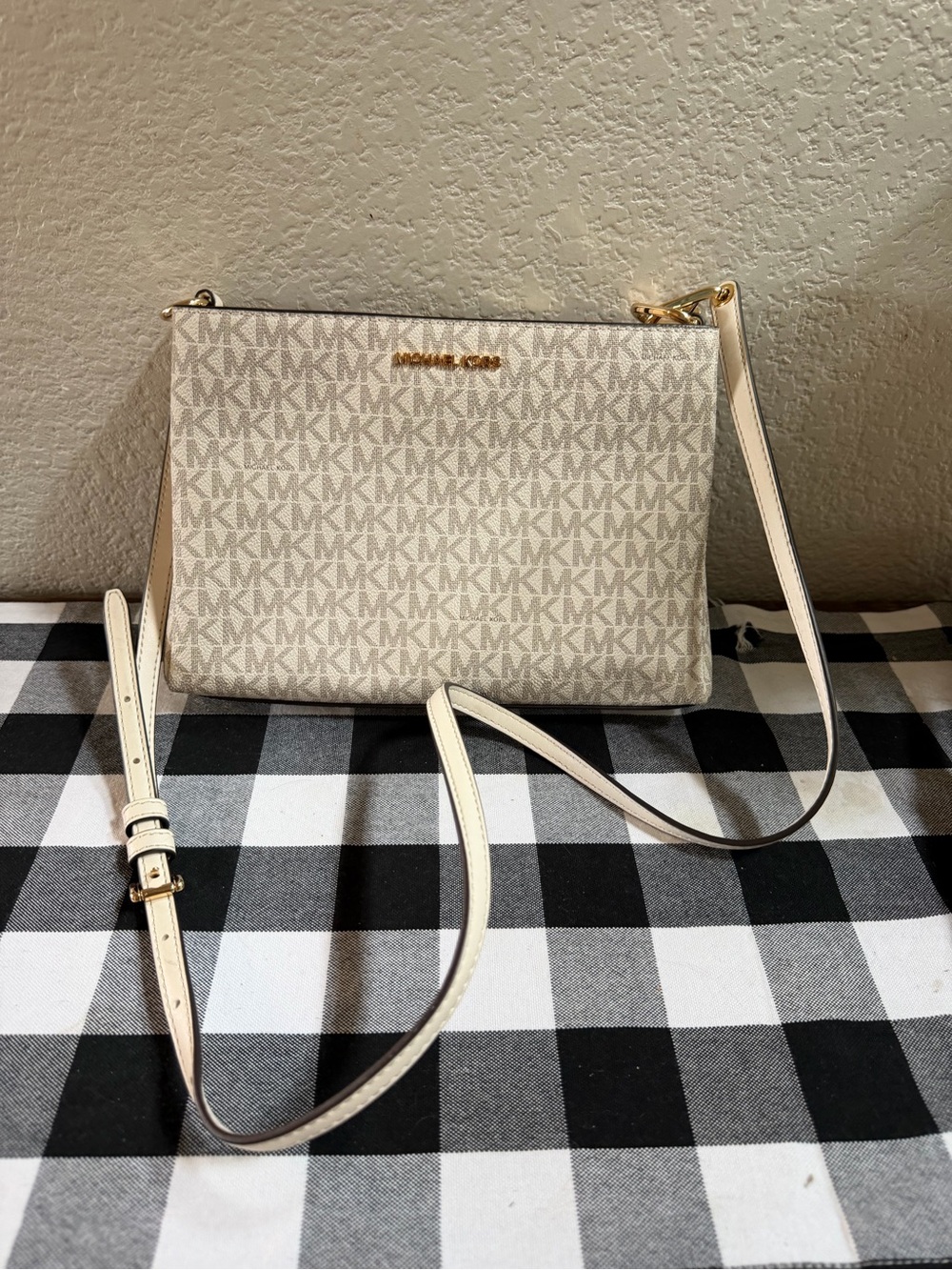 Michael Kors Beige and White Monogram Crossbody